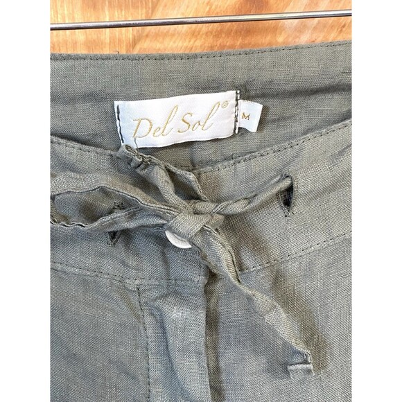 Del Sol 100% Linen Drawstring Pants Womens M Sage Green Wide Leg Greece Resort - Picture 3 of 14